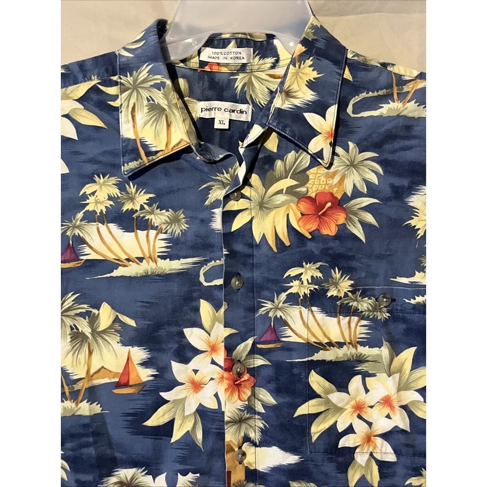 Pierre Cardin Shirt Mens XL Hawaiian Plant Floral Button‎ Short Sleeve Button Up